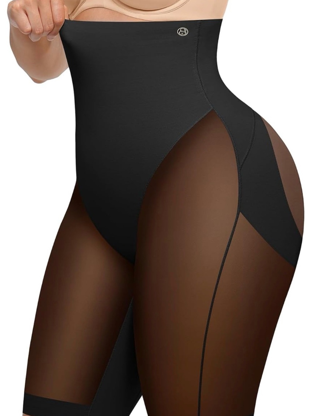 High-Rise Black Sculpting Thigh Shaper with Sheer Panels
